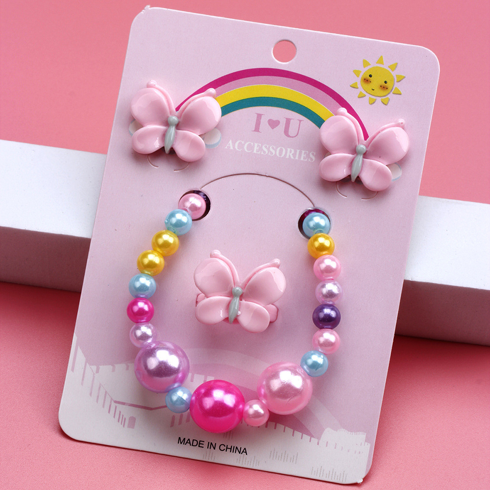 Cute Butterfly Resin Beaded No Inlaid Rings Bracelets Earrings 3 Piece Set