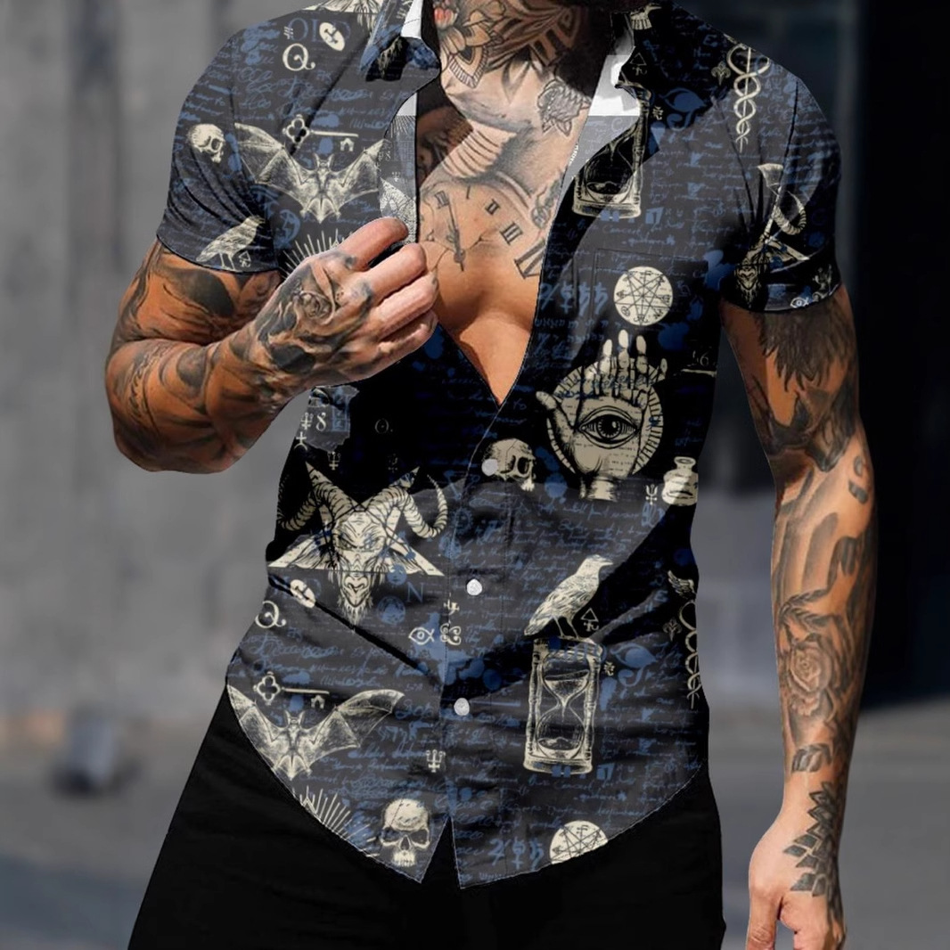 Retro abstracto ojo de cielo estampado 3D hombre calle alta suelta manga corta solapa botón camisa hawaiana en stock