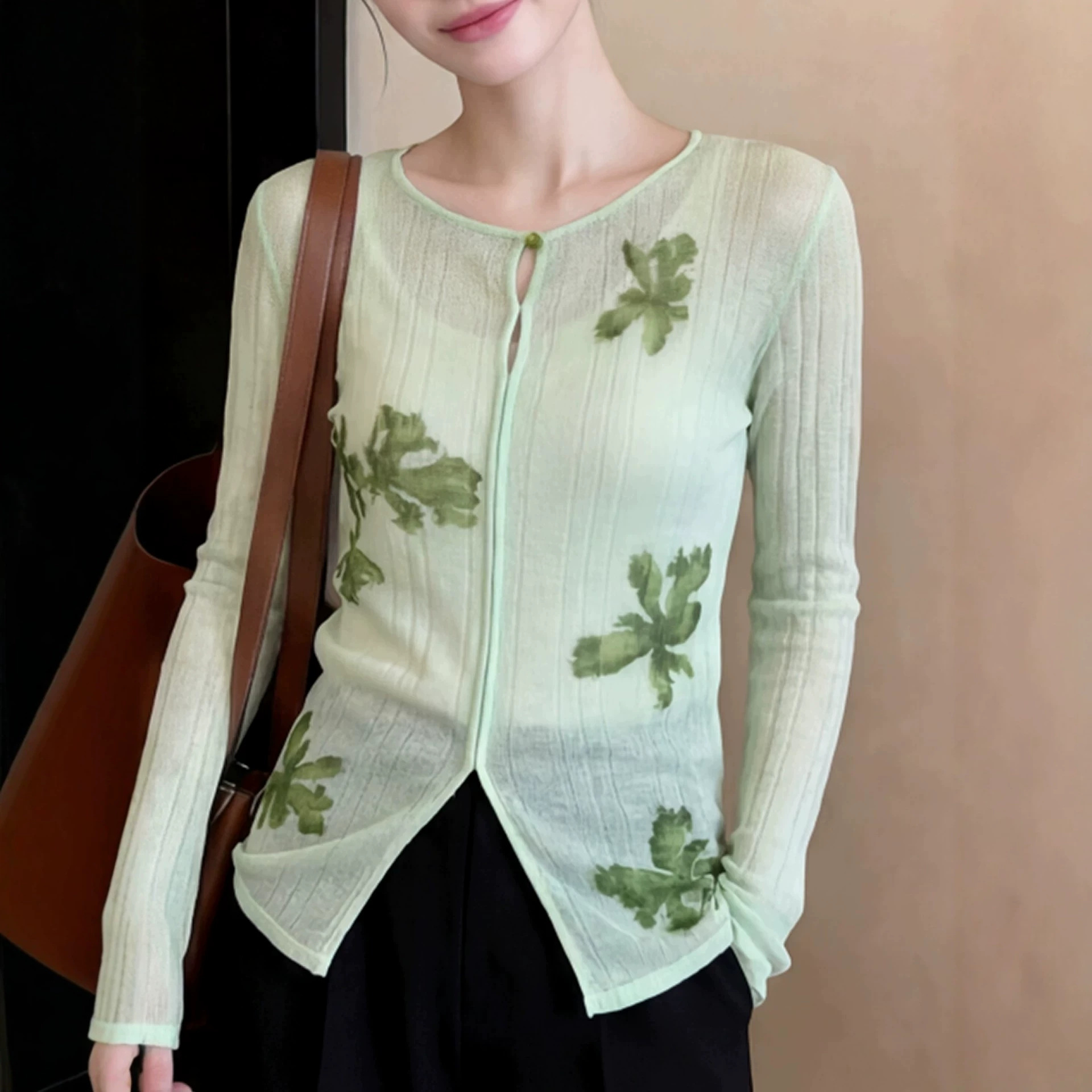 Áo len nữ cổ lọ thiết kế độc đáo mùa xuân hè — xanh lá cây chi tiết 2