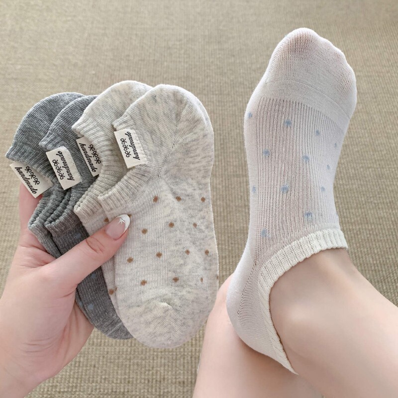 Korean-Style High-Quality Boat Socks, New Spring and Summer Versatile Fabric Label, Low-Cut, Non-Slip, Invisible Socks, Ins Polka Dot Short Socks for Women