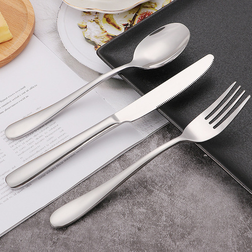 Stainless steel knife, fork, and spoon set, thick tableware set, hotel Western-style diningware, steak knife, fork, round spoon, dinner fork