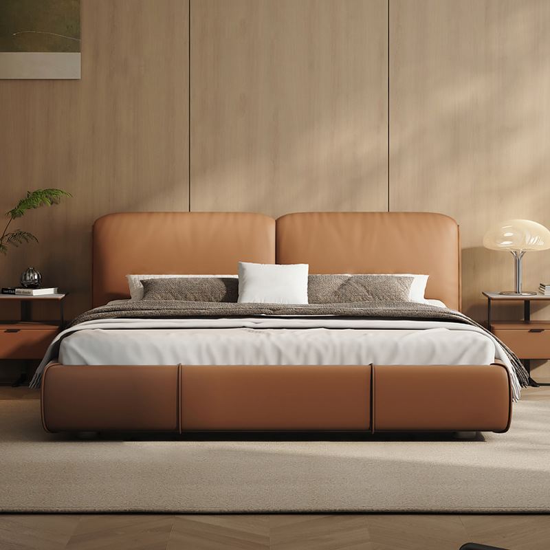 Cama de cuero genuino italiano dormitorio principal minimalista de alta gama elegante cama doble 1,8 m Cama grande cama de boda de diseño Cama grande de vaca negra
