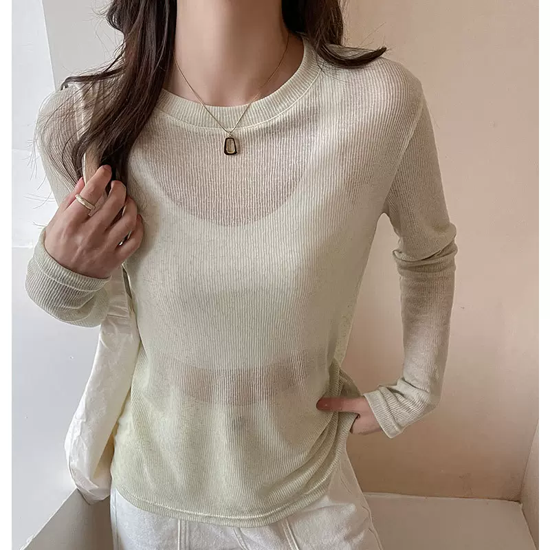 薄款防晒罩衫空调衫女夏新款宽松百搭圆领上衣基础款微透长袖t恤