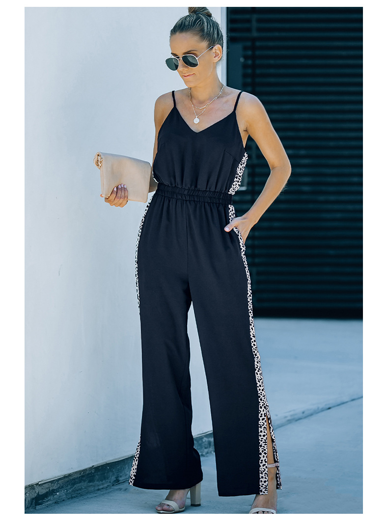 sling v neck backless split stitching leopard print ice silk jumpsuit NSSI130481