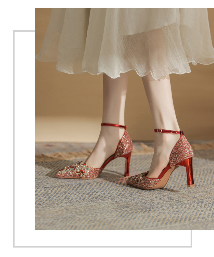 Giày sandal cao gót nữ quai ngang mũi nhọn gót nhọn mùa xuân thu 2024 — Màu Sâm panh chi tiết 17