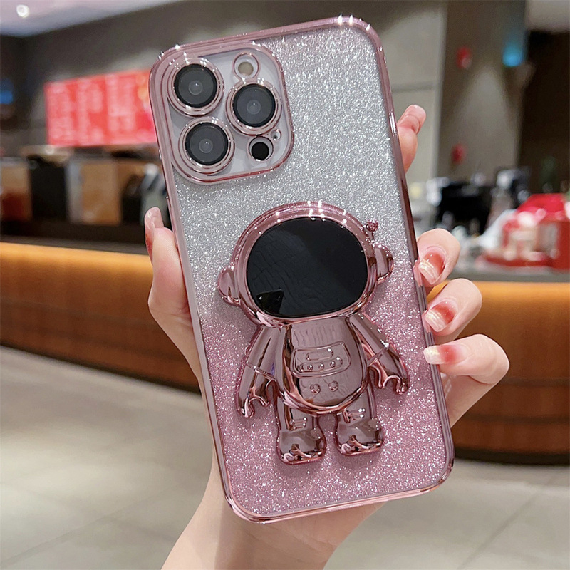 グラデーショングリッター宇宙飛行士スタンド付きiPhone17ケース、iPhone15Pro対応、フルカバー、レンズフィルム付き|undefined