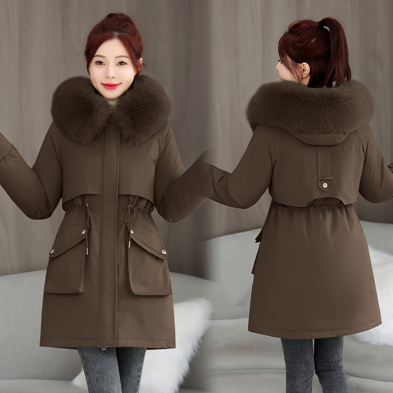 2025 invierno nuevo espessado para superar la cintura femenina delgada con capuzas cuello de cabello grande una chaqueta de algodón de terciopelo de moda