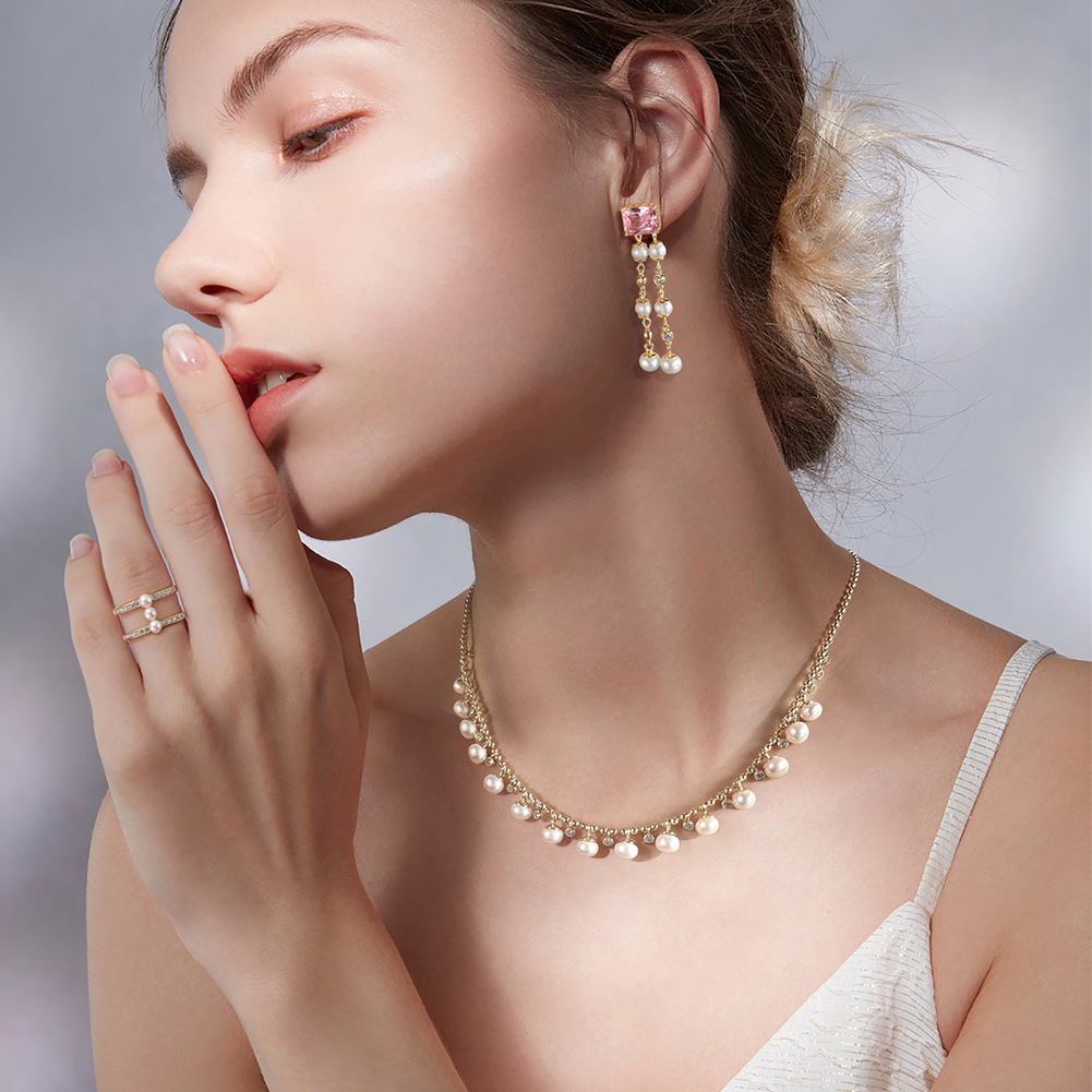 925 Sterling Silver, Freshwater Pearl Material Round Pattern Women'S Gender 925 Sterling Silver Freshwater Pearl Zircon Ball Chain Plating Inlay Round Necklace