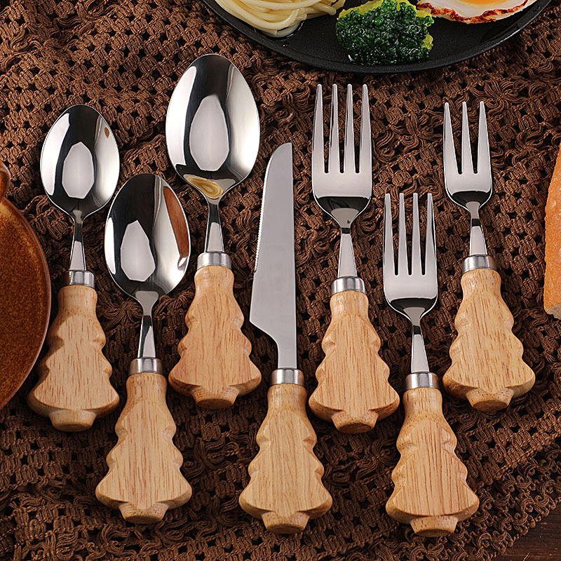 Cross-Border Creative Rubberwood Christmas Tree Handle Knife, Fork, and Spoon Set Stainless Steel Steak Knife Western-Style Cutlery 304 Tableware