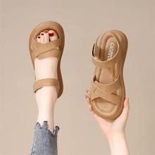 厚底凉鞋女2025夏季新款小个子增高时尚中跟百搭松糕底轻便沙滩鞋