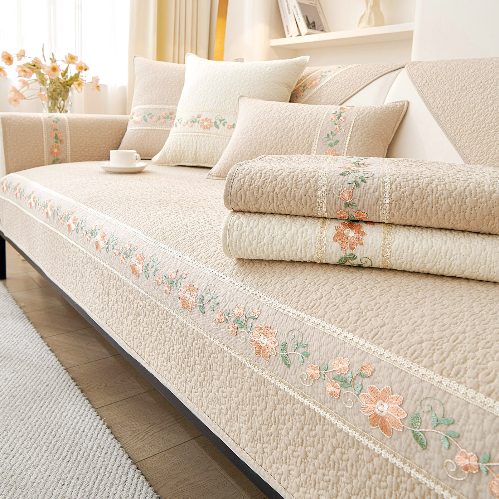 2024 New Pure Cotton Sofa Cushion, Universal Fabric Anti-Slip Sofa Cover for All Seasons, Cream Style Cotton Sofa Cushion