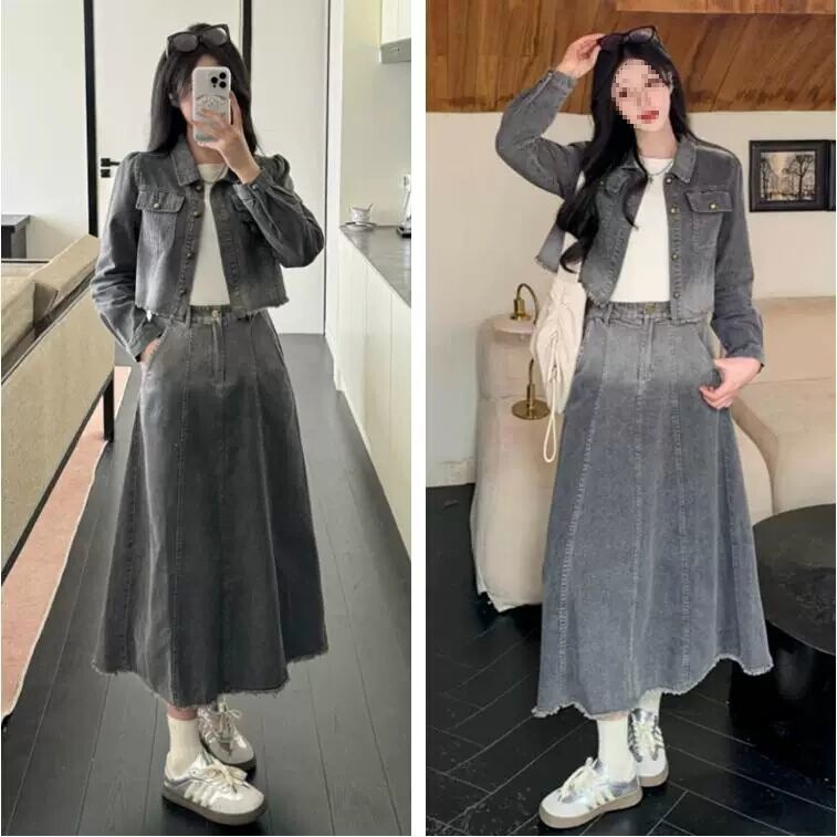 大码港风休闲气质套装连衣裙女秋冬胖mm显瘦牛仔外套长裙子两件套|undefined