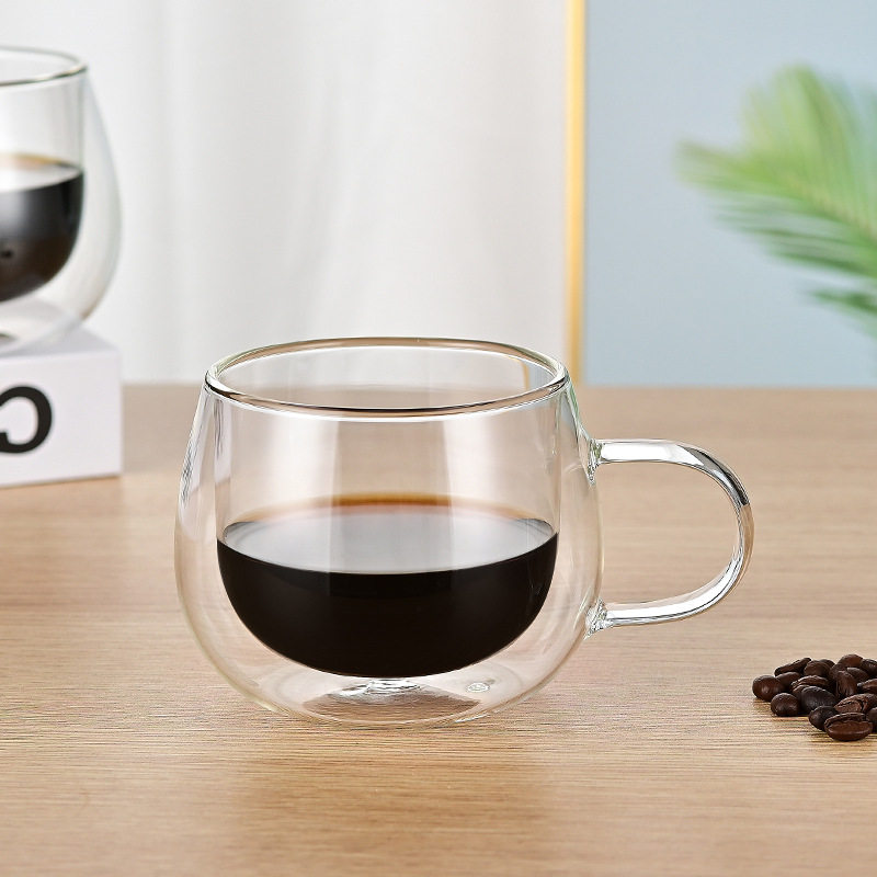 Taza de café doble capa de vidrio de borosilicato con asa, resistente al calor, diseño premium para exportación