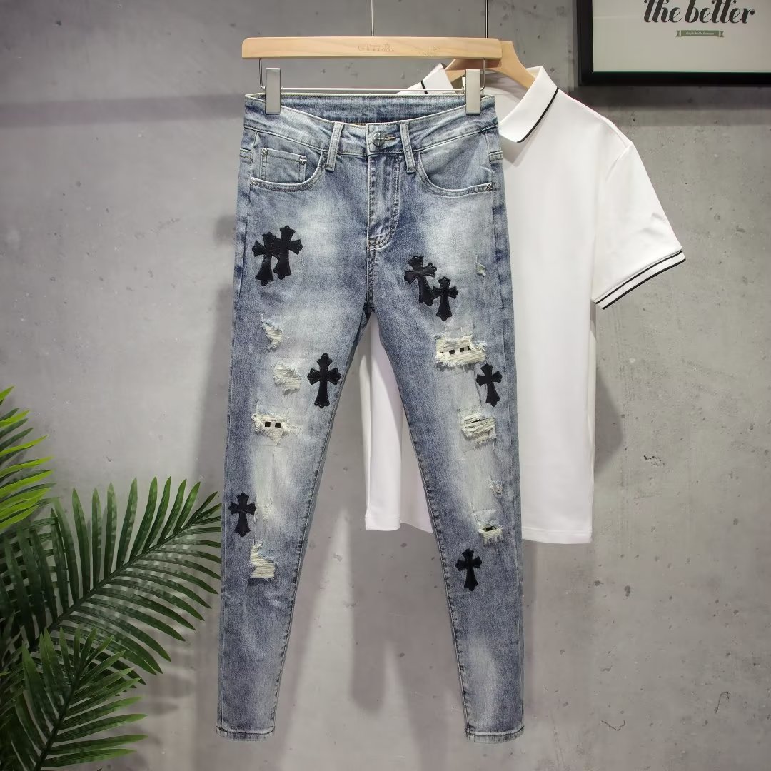 European Station Spring and Summer Trendy Brand High Street Ripped Patch Labeling Jeans Men's Trendy All-match Slim-fit Ankle-length Pants