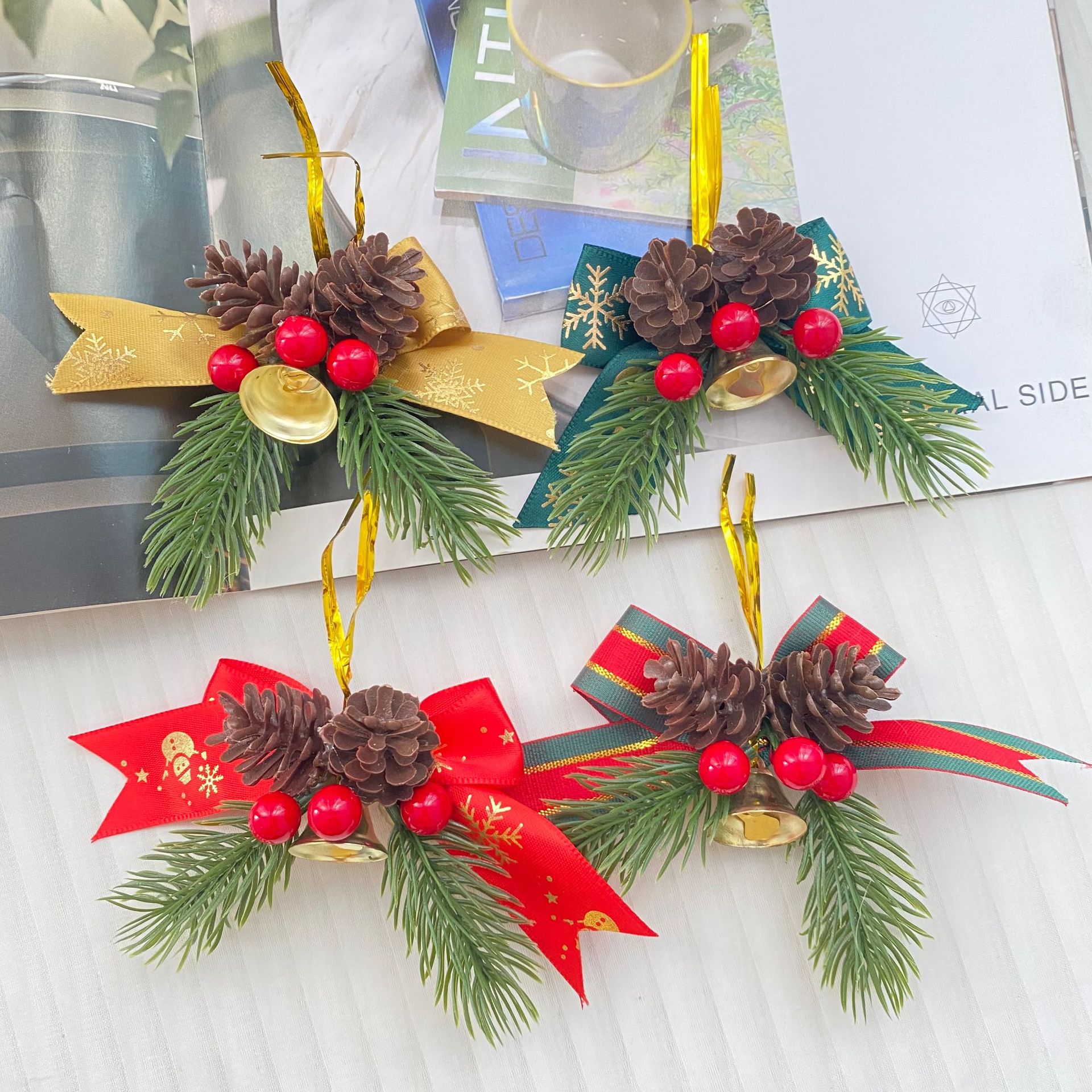 Cross-Border Christmas Iron Bell Ornaments with Bows, Pine Cones, and Red Berries, DIY Christmas Tree Decorations