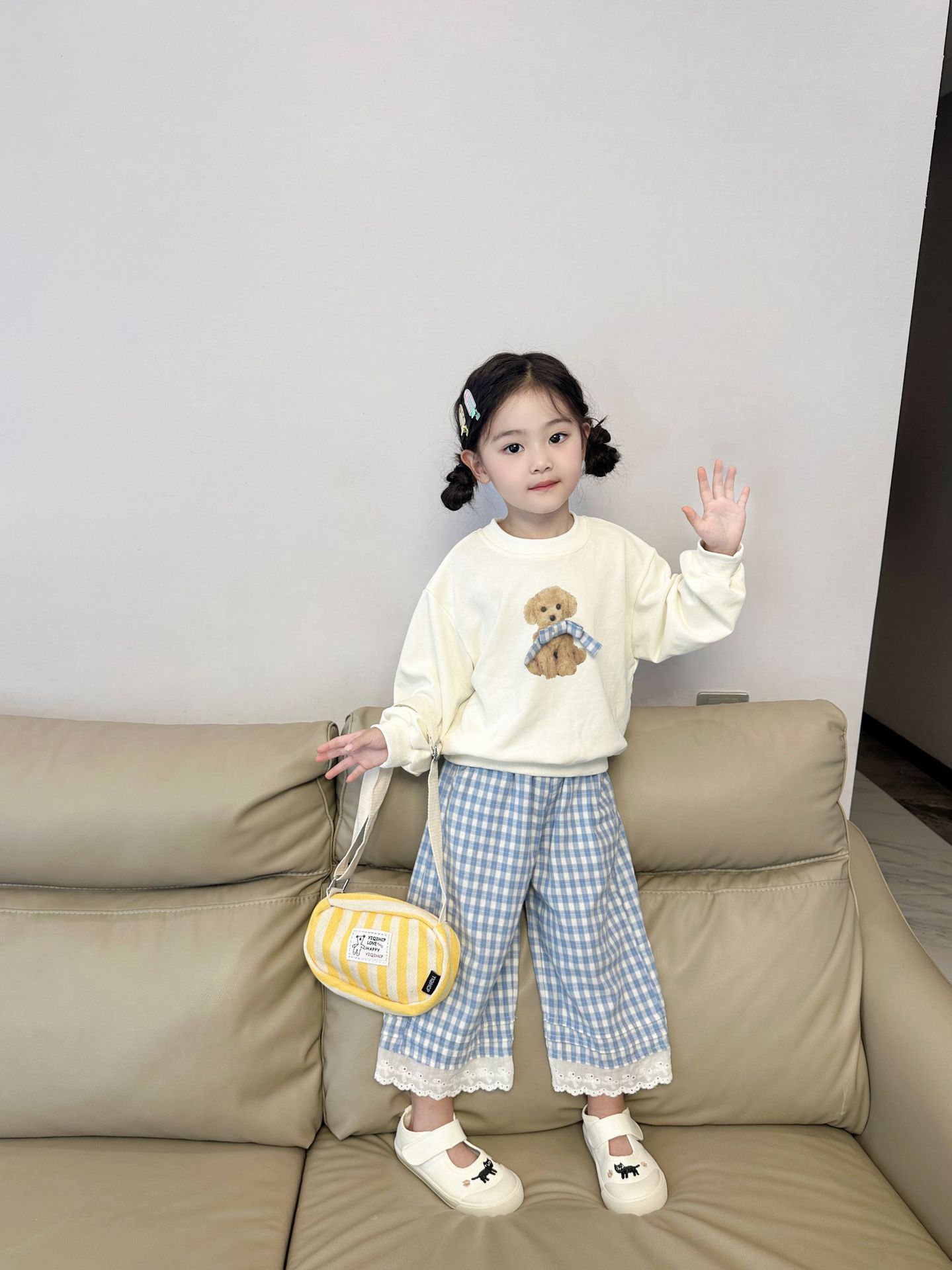 (2개) 2024 새로운 가을 어린이 캐주얼 베어 최고 격자 무늬 바지 세트