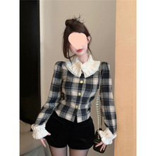 小香风珍珠娃娃领格子毛呢外套女冬季法式千金风气质短款开衫上衣