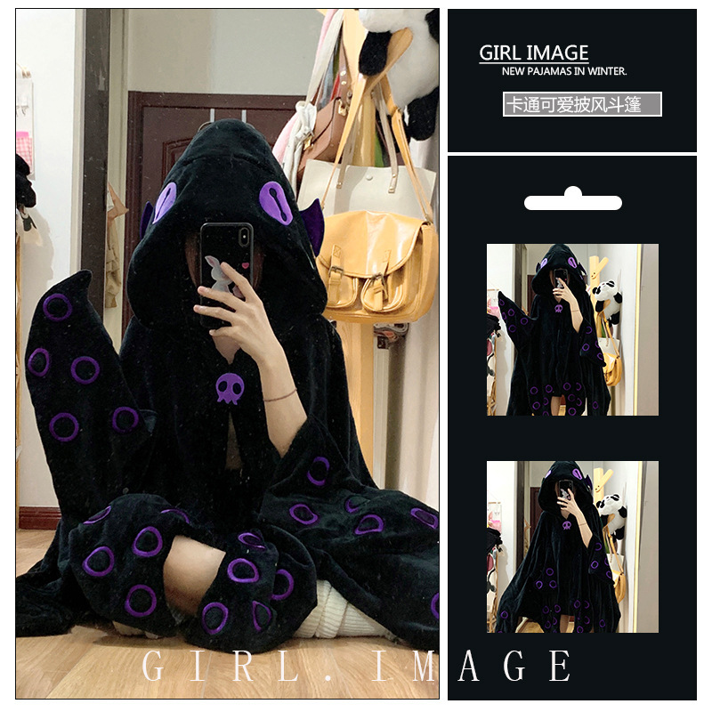 Cartoon Imp Hooded Coral Fleece Pajamas Women's Winter Thickened Plush Cape Nightgown Home Clothes Bathrobe Morning Gown