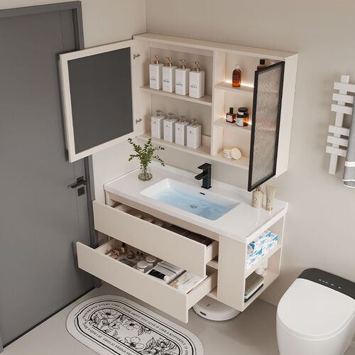 Light luxury cream style bathroom cabinet combination side storage small apartment bathroom integrated ceramic basin hand wash basin