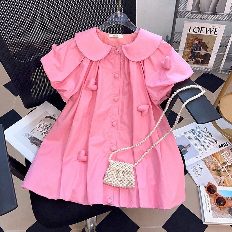 Girls' Shirt Dress Summer Stylish 2026 New Style Mori Doll Collar Heart-Shaped Short-Sleeve Puff Sleeve Dress Trendy