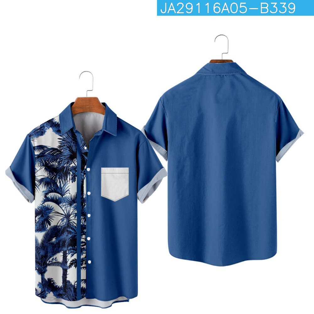 2023 Amazon nuevo transfronterizo Hawaiano planta color bloque patrón de impresión más tamaño de bolsillo de los hombres camisa de manga corta