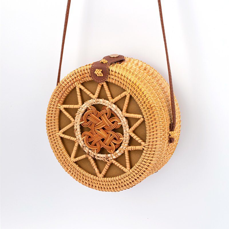Bolsa de ratán, mini bolsa diagonal, canasta de bosque, bolsa redonda tejida de arte retro, bolsa de hebilla de cubo de vacaciones