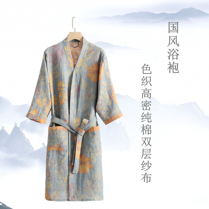 National Style Jacquard Bathrobe Yarn-Dyed Double-Layer Gauze Bathrobe for Men and Women Couple Hotel Nightgown Spring and Summer Thin Cross-Border Pajamas