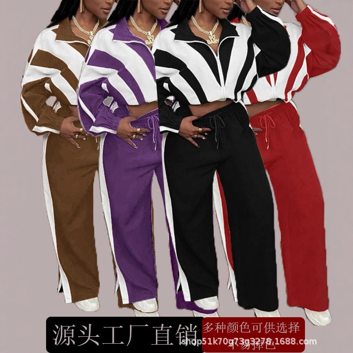 Black and White Color-Blocked Top and Wide-Leg Pants Two-Piece Set, Model Ll168, Casual Sports Suit, Fashionable and Casual Black and White Color-Blocked Top and Wide-Leg Pants Two-Piece Set, Model Ll168, Casual Sports Suit, Fashionable and Casual