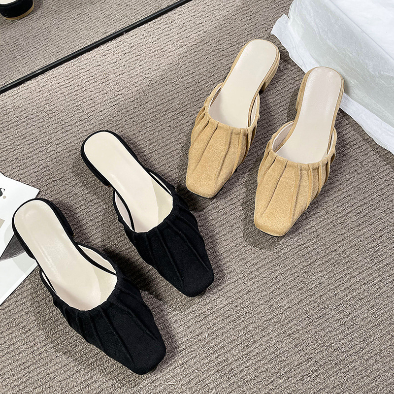 Baotou – pantoufles britanniques confortables à semelle basse et épaisse pour femmes, vêtements d'extérieur à la mode, petites pantoufles carrées pliables, nouvelle collection_voghion.com