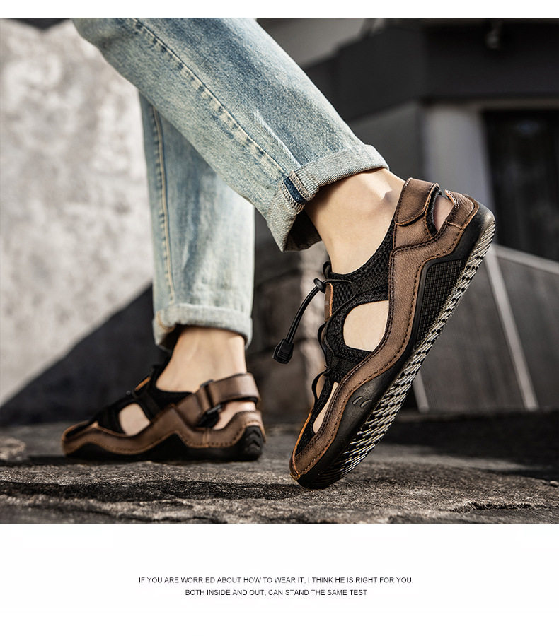 Dép sandal nam cỡ lớn đi biển may thủ công chống trượt, quai ngang co giãn — 2285 kaki, 2285 màu đen, 2285 xanh lục, Màu nâu 2285 chi tiết 12