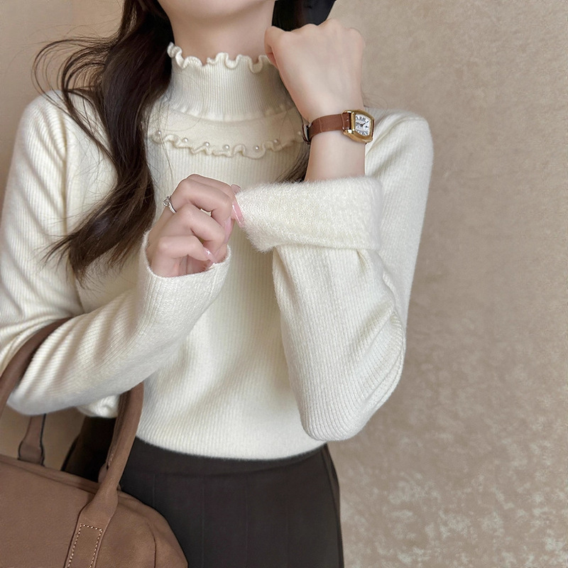 Fleece-Lined Half-High Collar Sweater with Beaded Design for Women, Autumn and Winter Ruffled Inner Integrated Fleece Base Knit Top Fleece-Lined Half-High Collar Sweater with Beaded Design for Women, Autumn and Winter Ruffled Inner Integrated Fleece Base Knit Top