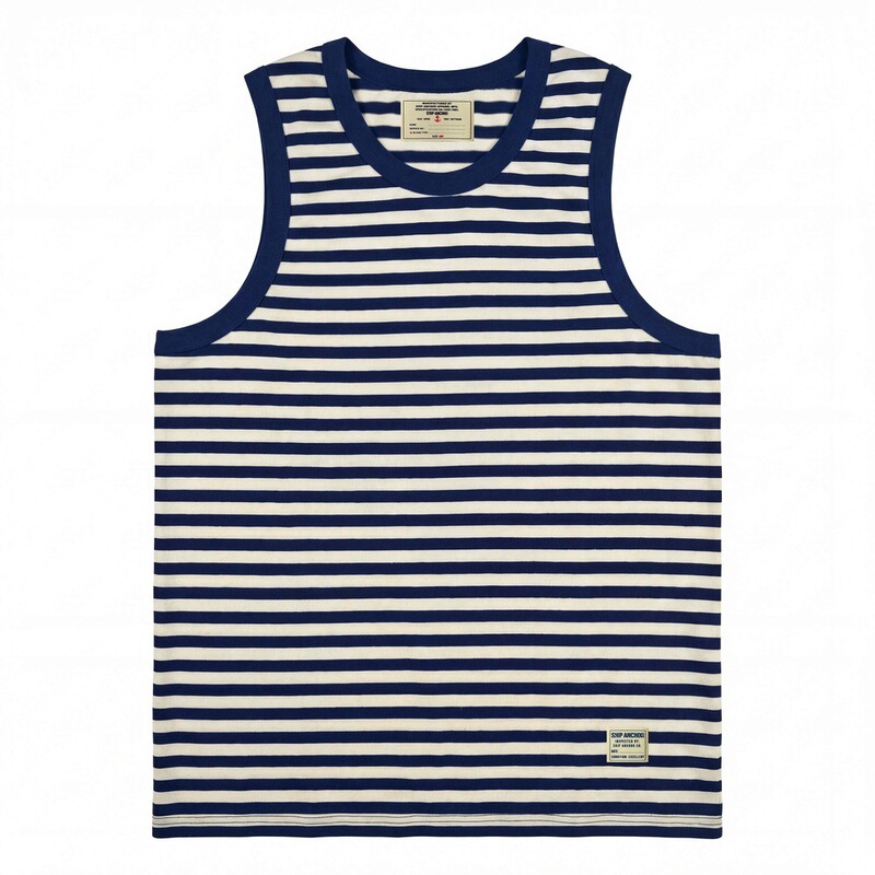 Anchor Nautical Basics Series Summer American Navy Blue Striped Vest Heavyweight Pure Cotton Amekaji Men's