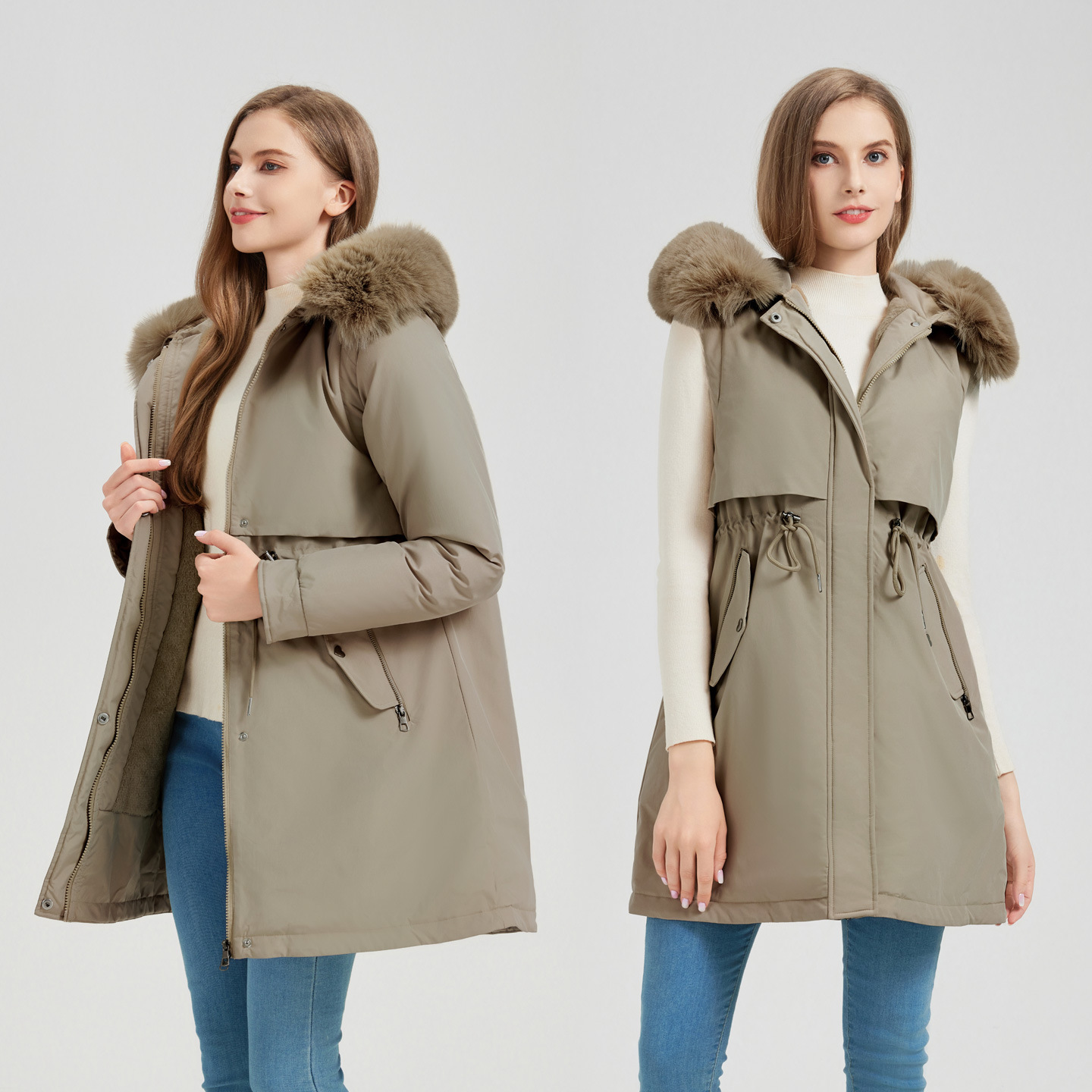 Nuevo comercio exterior cuello de cabello largo medio para superar la ropa de algodón de mujer desmontable manga de algodón grueso abrigo de invierno cálido image 2