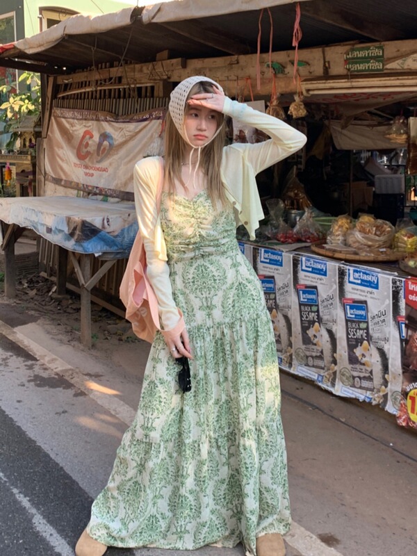 Slightly Fat and Long-Feeling Bohemian Printed Chiffon Suspender Dress, Slimming Seaside Vacation Long Dress