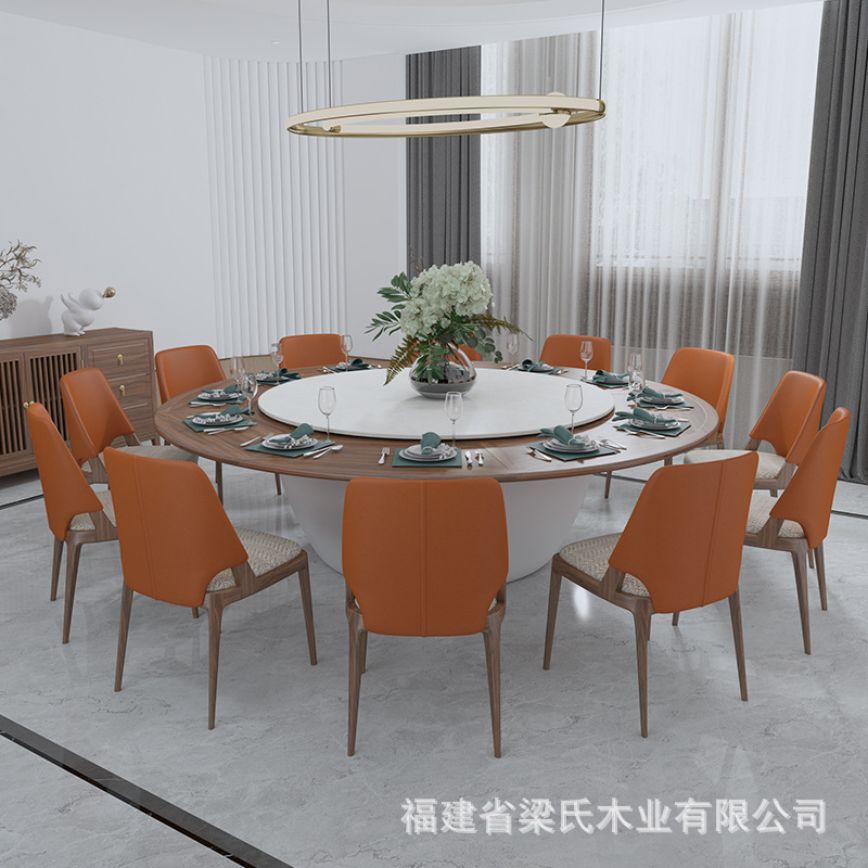 New Chinese solid wood electric dining table, chair hotel box Light luxury round table 15 people with rock plate turntable