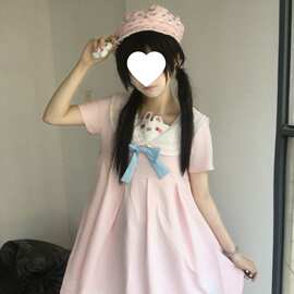 日系软妹小兔子耳朵设计海军领日常百褶裙可爱百搭显瘦连衣裙外穿
