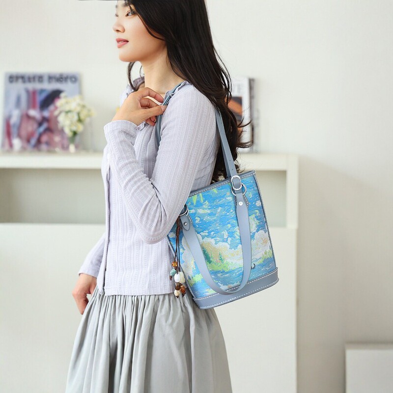 Zhouman hand-sewn large-capacity self-made fabric artistic tote crossbody bag, single-shoulder bucket handbag for women Zhouman hand-sewn large-capacity self-made fabric artistic tote crossbody bag, single-shoulder bucket handbag for women