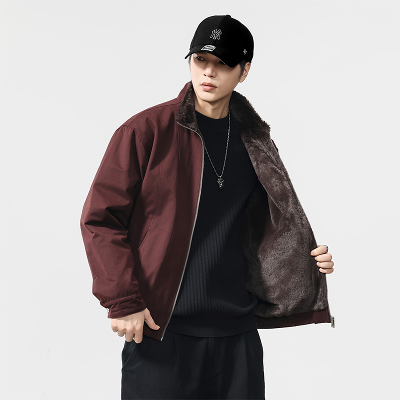 High-end barn-style burgundy faux rabbit fur integrated thickened cotton jacket for men, new winter warm jacket for men High-end barn-style burgundy faux rabbit fur integrated thickened cotton jacket for men, new winter warm jacket for men