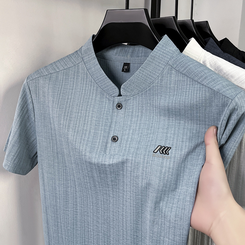 Trendy Tiktok Ice Silk Stand Collar T-Shirt for Men, Vertical Stripes, Breathable Business Polo Shirt, Thin Anti-Wrinkle Casual Short Sleeve Trendy Tiktok Ice Silk Stand Collar T-Shirt for Men, Vertical Stripes, Breathable Business Polo Shirt, Thin Anti-Wrinkle Casual Short Sleeve