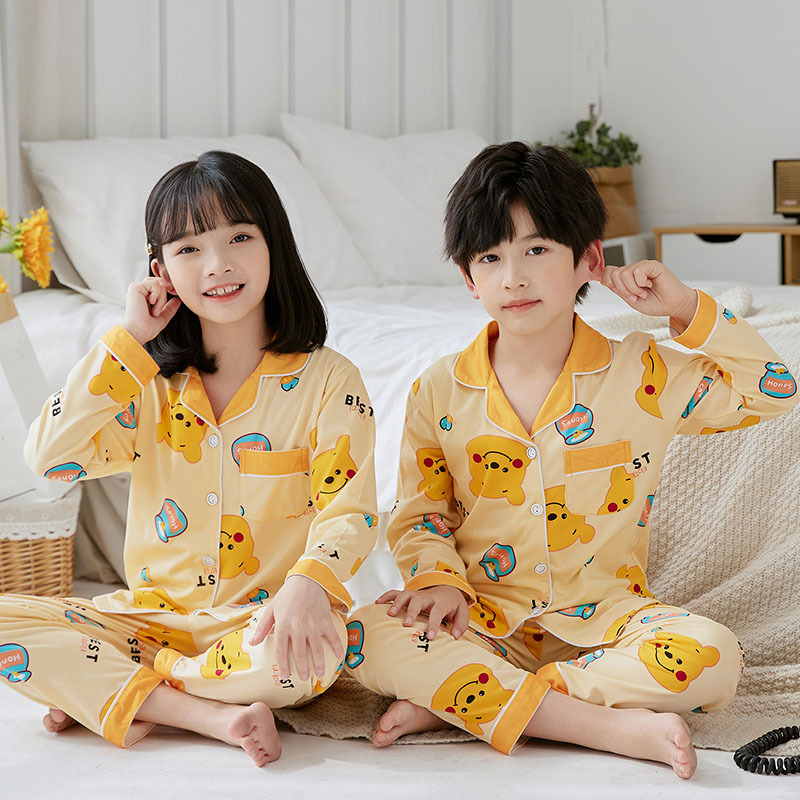 2023 otoño ropa para niños y niñas solapa de algodón artificial cardigan casual de dibujos animados pijamas de manga larga traje de los niños homewear