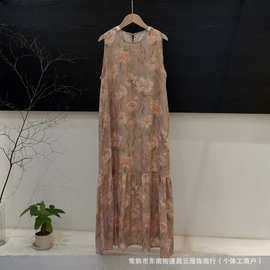 2026夏新款亚麻花色背心裙 复古民族风中式花朵印花亚麻中长款连