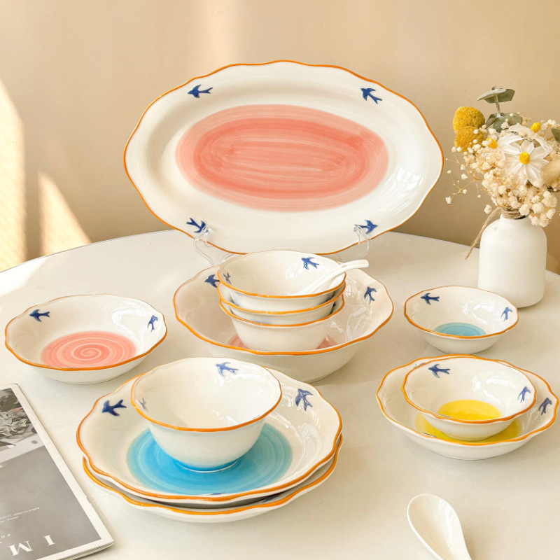 Japanese Fashion Swallow Tableware Set, Especially Beautiful Bowls and Plates for Home Use, a Great Gift for Moving into a New Home