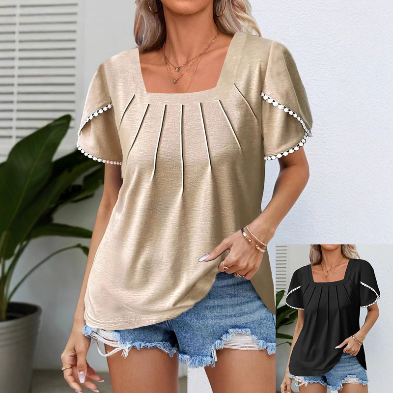 2025 European and American Cross-Border Amazon Best-Selling Square Collar Pure Color Pleated Short-Sleeved Lace Casual T-Shirt Plus Size Women