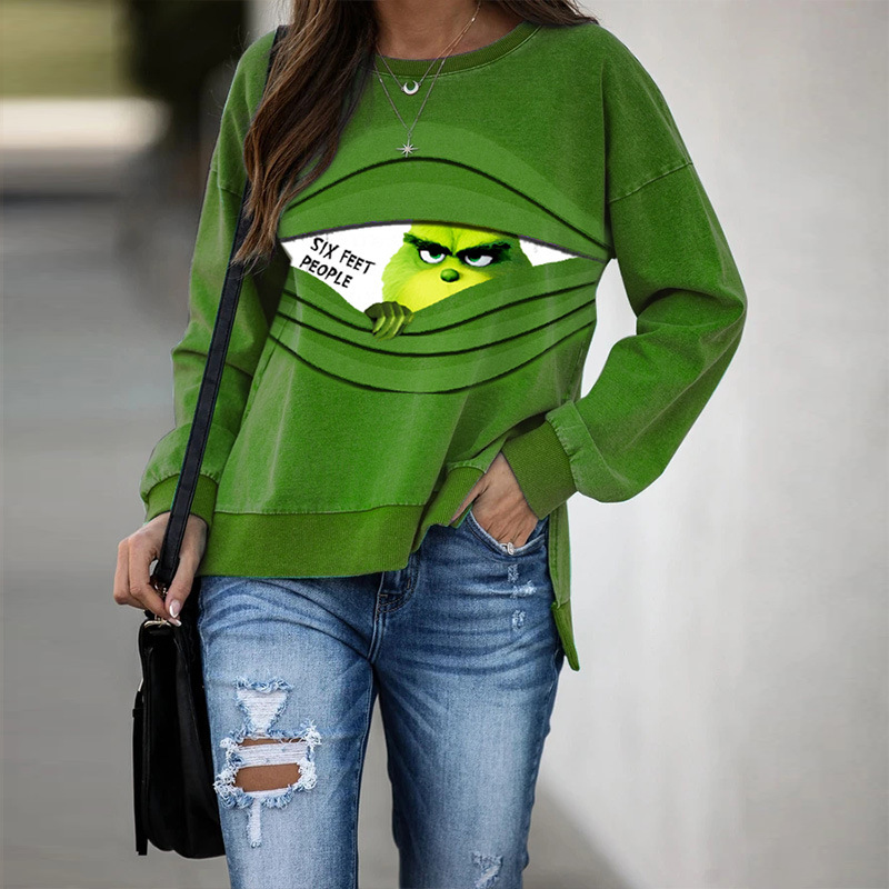Comercio exterior de otoño y invierno de cuello redondo impresión de manga larga extraña camiseta de pelo verde chaqueta casual ropa de Navidad