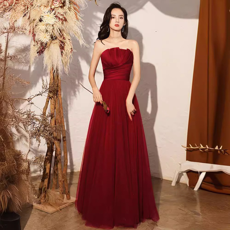 2026 New Long Wine Red Wedding Evening Dress for the Bride, Sexy Strapless Elegant Satin Slimming Gown 2026 New Long Wine Red Wedding Evening Dress for the Bride, Sexy Strapless Elegant Satin Slimming Gown