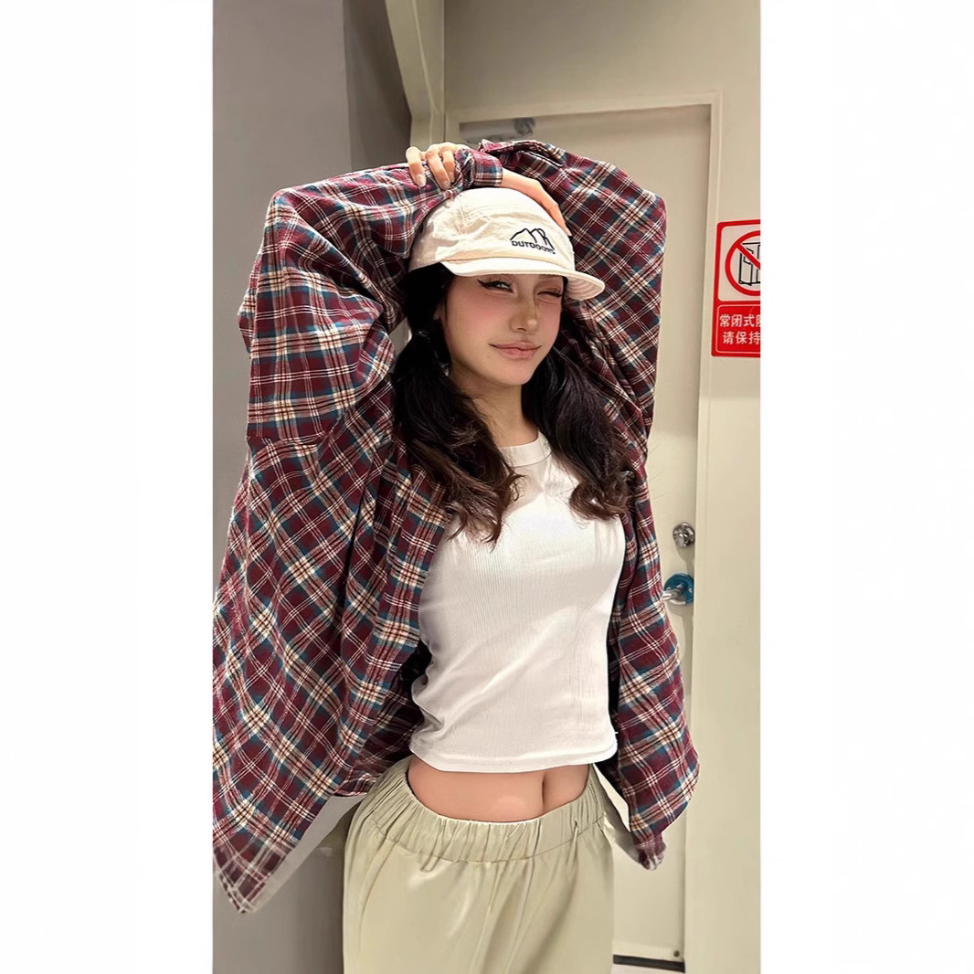 미국 격자 무늬 셔츠 여성의 가을 빨간색과 파란색 대비 폴로 칼라 캐주얼 셔츠 오버 사이즈 느슨한 태양 보호 재킷