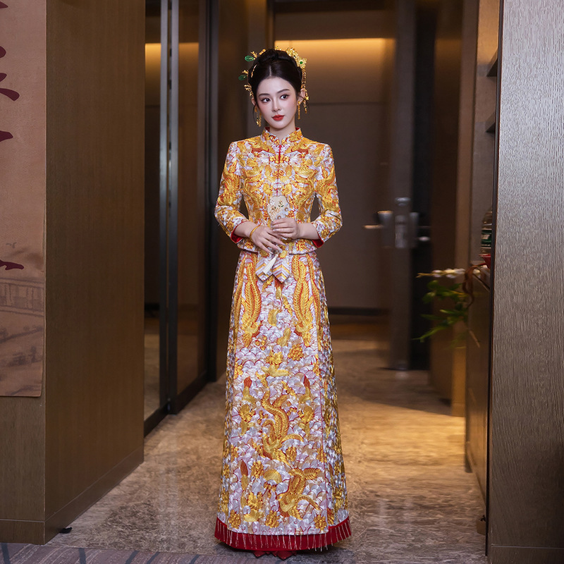 Chinese-style Golden Xiuhe Dress Bride Toast Dress Summer New Luxury High-end Wedding Dress Dragon and Phoenix Jacket Wedding Dress Chinese-style Golden Xiuhe Dress Bride Toast Dress Summer New Luxury High-end Wedding Dress Dragon and Phoenix Jacket Wedding Dress