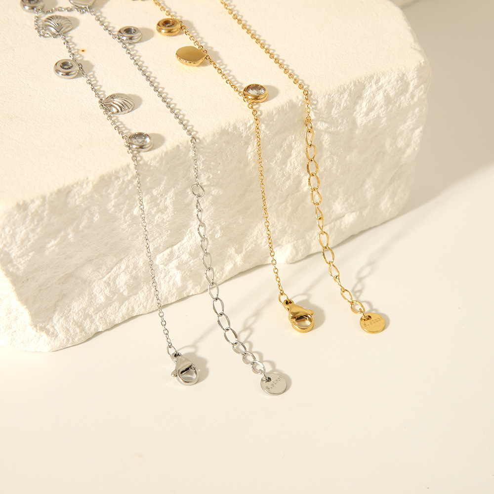 Concha a rayas de acero inoxidable francés, circón, temperamento de nicho de 18K, tobillera de playa para mujer, joyería impermeable que no se desvanece