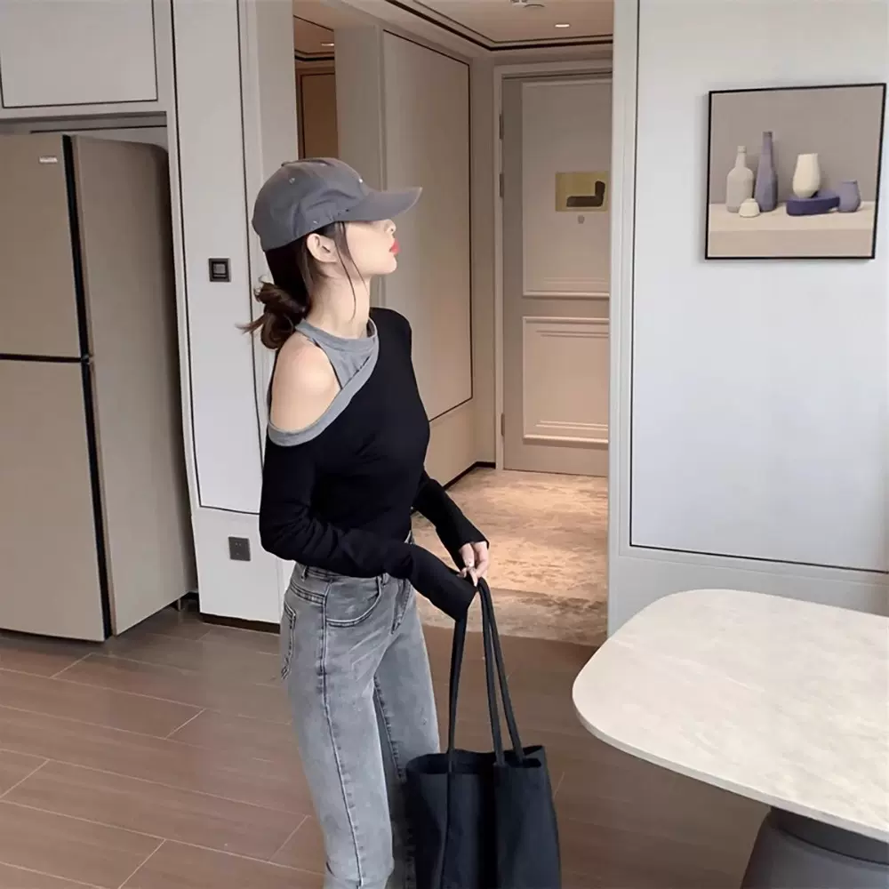 潮牌性感露肩长袖T恤女春季欧货设计感拼色纯欲风显瘦上衣