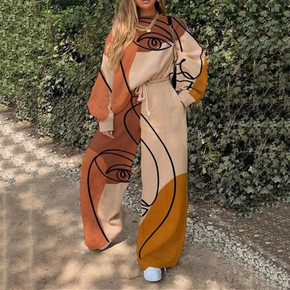 Conjunto de Sudadera Informal con Cuello Redondo y Estampado Holgado para Mujer, Estilo Europeo y Americano, Novedad de Comercio Exterior Transfronterizo para Otoño 2025